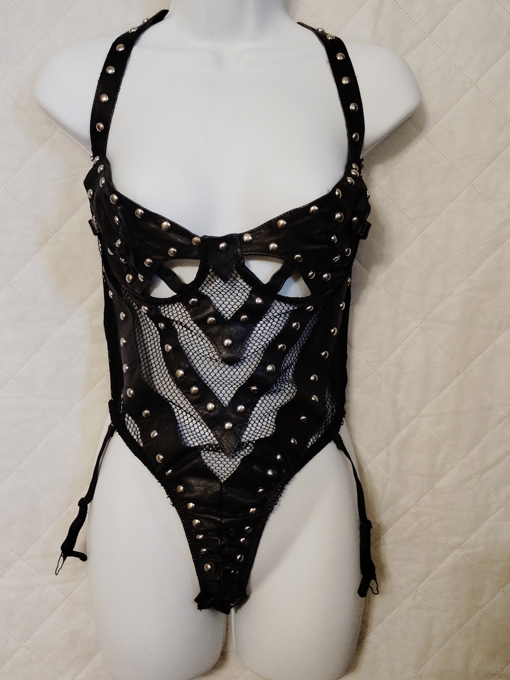 Black Studded Fishnet Bodysuit Top Size Large